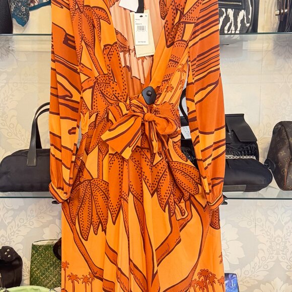 Johanna Ortiz Ancient Societies Palm-Print Long-Sleeve Midi Wrap Dress - size 8 - Picture 2 of 13